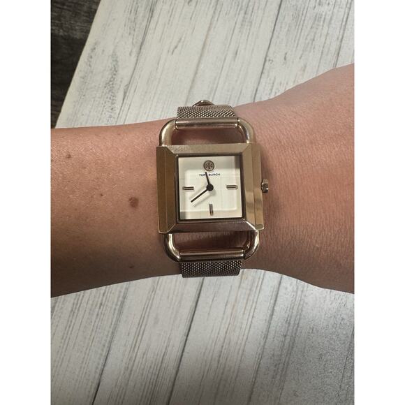 TORY BURCH Phipps Womens Rose Gold Watch, White Square Dial, Steel Mesh Band - Picture 9 of 16